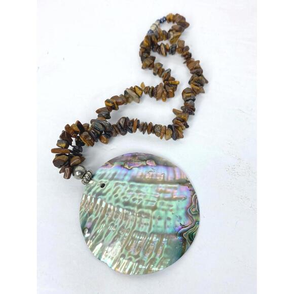 Vintage Abalone Medallion Disc Necklace Tigers Eye chips polished stones Brown - Picture 10 of 12